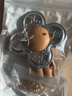Silver and Tan Monogram Flower Key Holder Charm